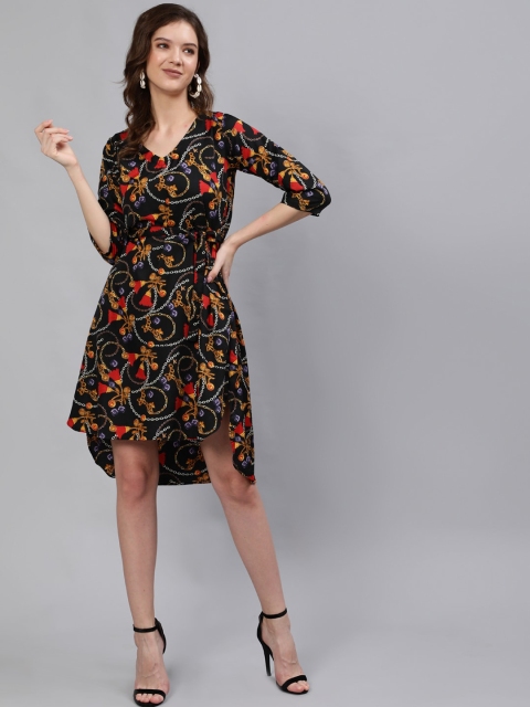 

AASI - HOUSE OF NAYO Women Black & Red Floral Printed V neck Crepe T-shirt Dress