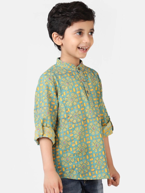 

Fabindia Boys Green Printed Thread Work Pathani Kurta