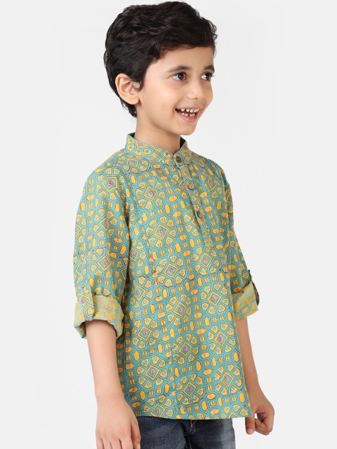 

Fabindia Boys Green Printed Cotton Pathani Kurta