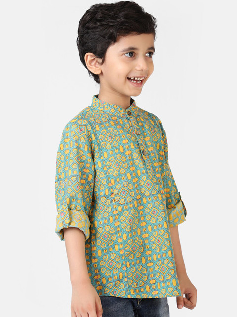 

Fabindia Boys Green & Yellow Geometric Printed Thread Work Kurta