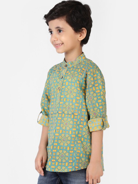 

Fabindia Boys Green & Yellow Geometric Printed Pathani Kurta