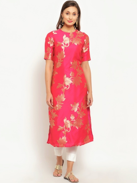 

Desi Weavess Women Pink Floral Printed Flared Sleeves Jacquard Kurta