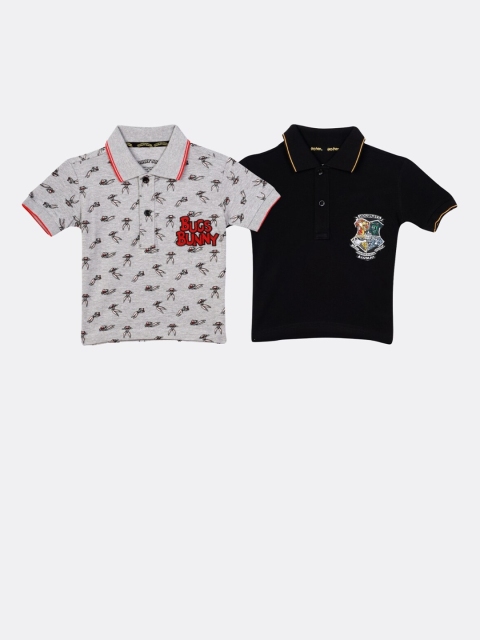 

Nap Chief Boys Pack Of 2 Grey & Black Bugs Bunny Printed Polo Collar Slim Fit T-shirt