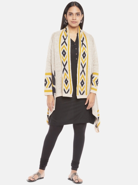 

AKKRITI BY PANTALOONS Women Beige & Mustard Yellow Geometric Self-Design Open-Front Shrug