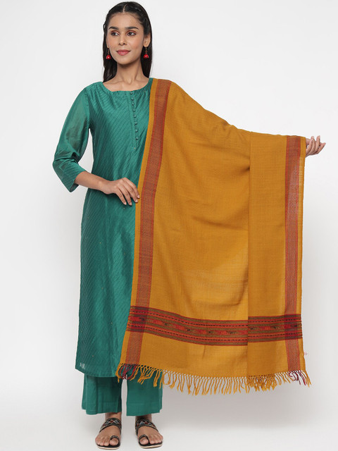 

Fabinidia Women Mustard Yellow & Red Woven Design Woolen Shawl