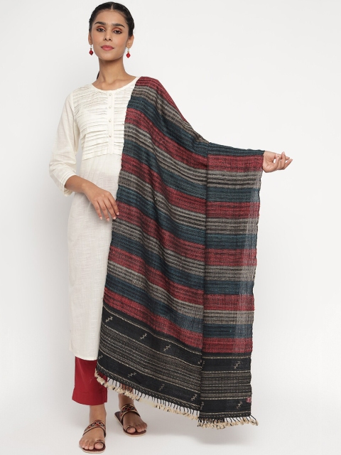 

Fabindia Women Grey & Green Woven Design Striped Shawl With Tassel Border