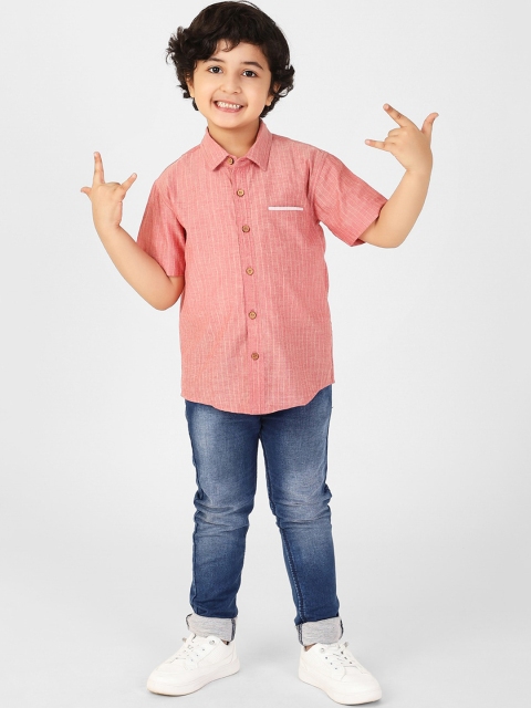 

Fabindia Boys Red & White Opaque Striped Pure Cotton Casual Shirt