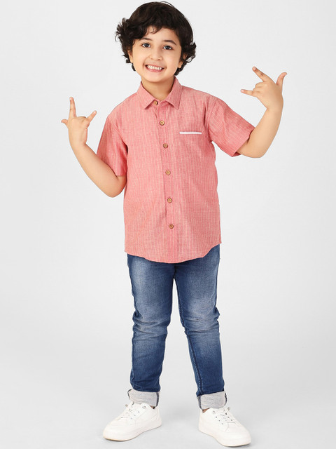 

Fabindia Boys Red Opaque Striped Casual Shirt