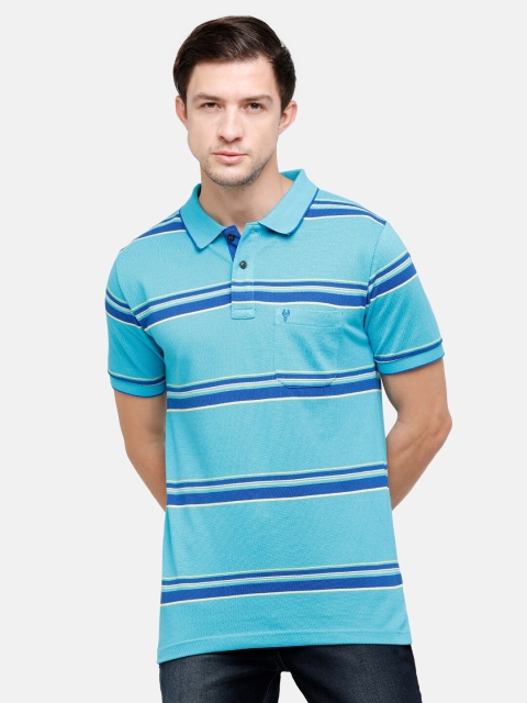 

Classic Polo Men Turquoise Blue Striped Polo Collar Pockets Slim Fit T-shirt