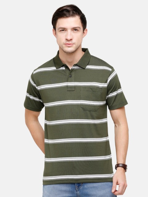 

Classic Polo Men Olive Green Striped Polo Collar T-shirt