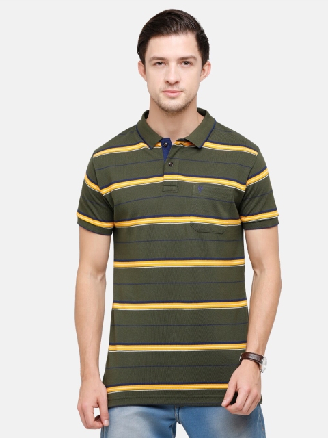 

Classic Polo Men Olive Green Striped Polo Collar Pockets Slim Fit T-shirt
