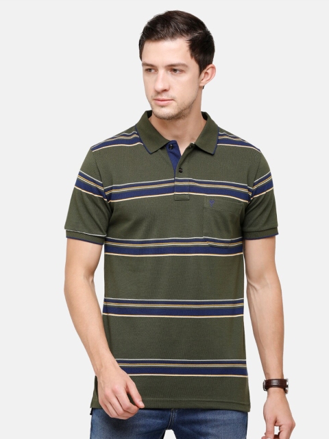 

Classic Polo Men Olive Green Striped Polo Collar Pockets Slim Fit T-shirt