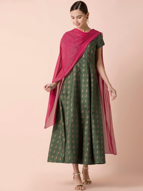 

INDYA Woman Green Ethnic Motifs Ethnic A-Line Maxi Dress With Dupatta