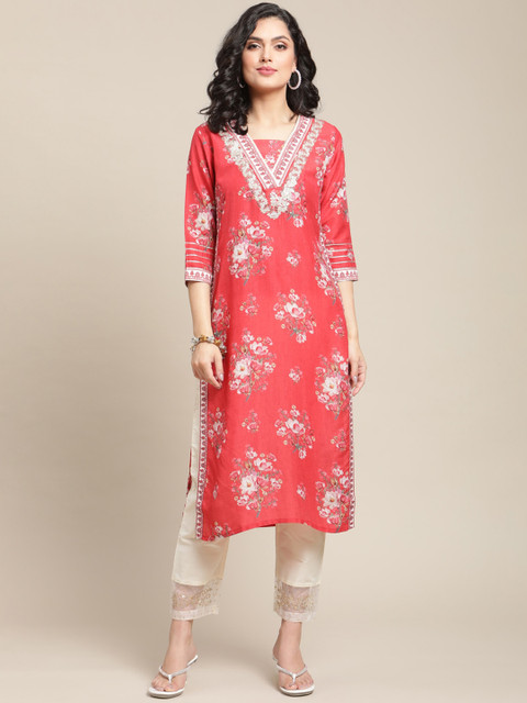 

Varanga Women Red Floral Printed Kurta