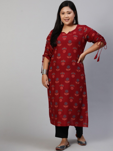 

Nayo Women Maroon & Blue Printed Straight Kurta With Tie-up Sleeves