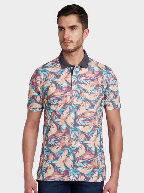 

ColorPlus Men Blue & Beige Printed Polo Collar Tropical Pockets Cotton T-shirt