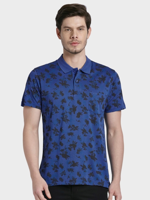 

ColorPlus Men Blue & Black Floral Printed Polo Collar Pockets Cotton T-shirt