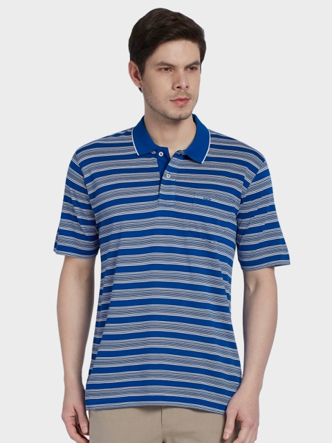 

ColorPlus Men Blue & White Striped Polo Collar Pockets T-shirt