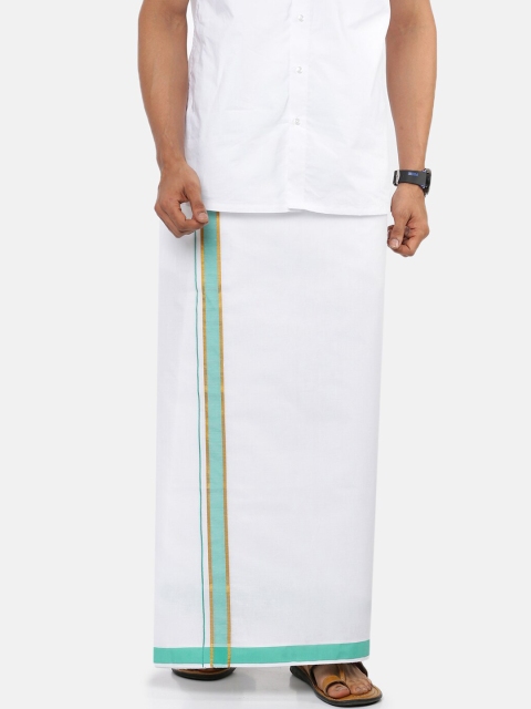 

RAMRAJ COTTON Men White Pure Cotton Dhoti With Sea Green & Zari Border