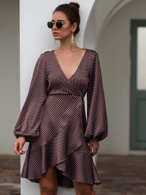 

URBANIC Coffee Brown & Off White Polka Printed A-Line Dress