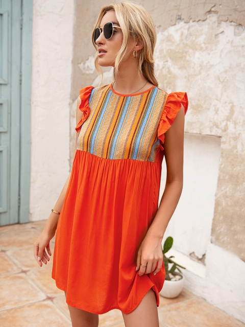 

URBANIC Orange & Yellow Yoke Striped Mini Fit & Flare Dress