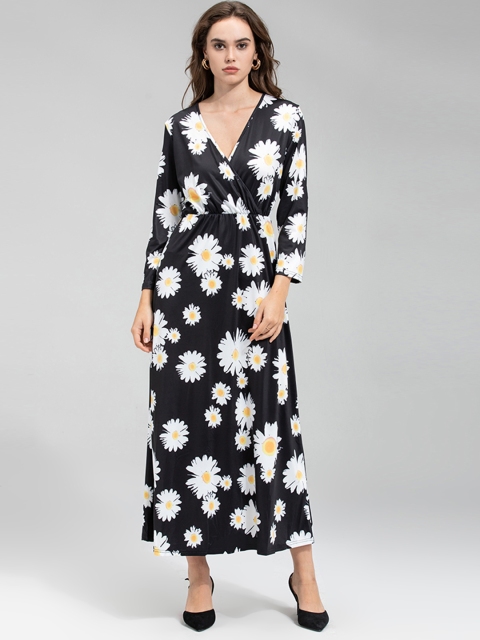 

URBANIC Black & White Floral Print Gathered Maxi Dress