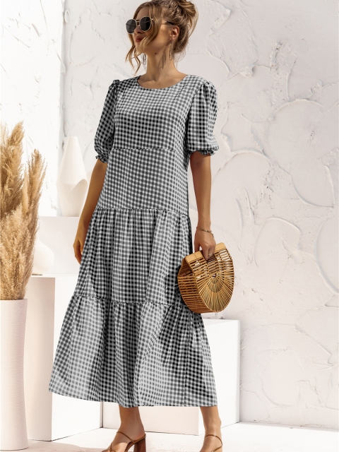 

URBANIC Black & White Checked Gathered Tiered Maxi Dress