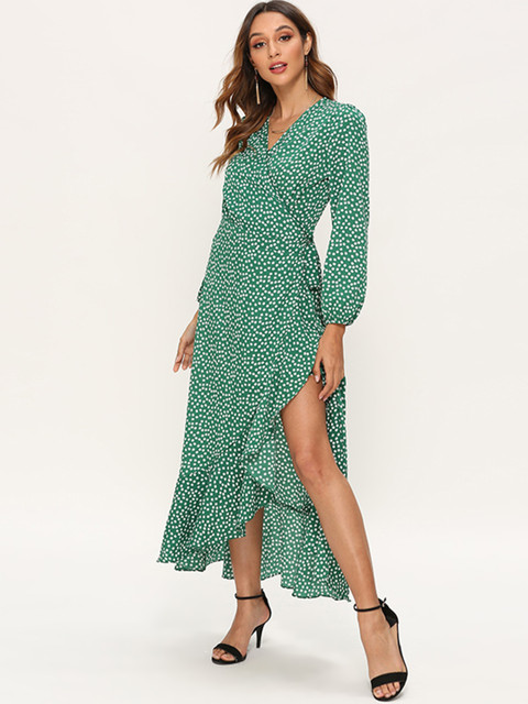 

URBANIC Green & White Printed Ruffled Wrap Maxi Dress