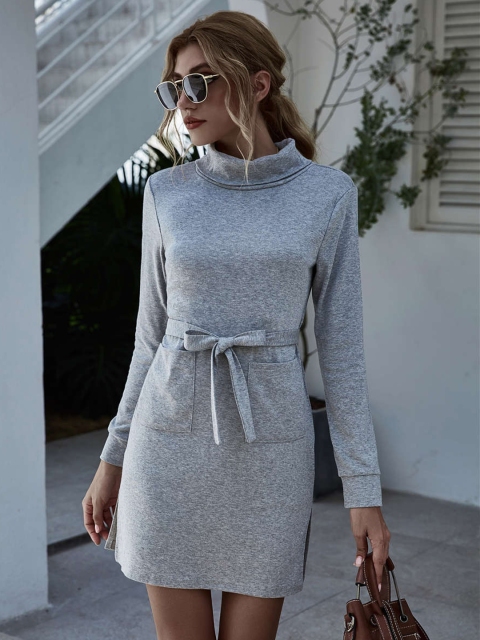 

URBANIC Grey Melange Solid A-Line Mini Dress with Belt
