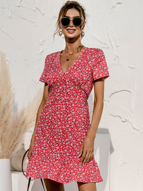 

URBANIC Red & White Ditsy Floral Print A-Line Dress