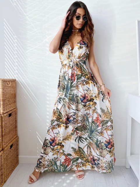 

URBANIC White & Mustard Brown Floral Print Gathered Maxi Dress