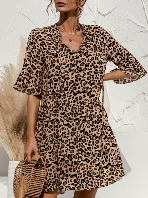 

URBANIC Women Brown & Black Animal Print Knee Length Tiered Dress with Flared sleeves