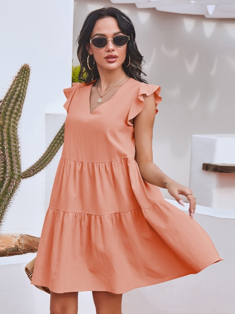 

URBANIC Women Peach-Coloured Cotton Solid A-Line Tiered Mini Dress
