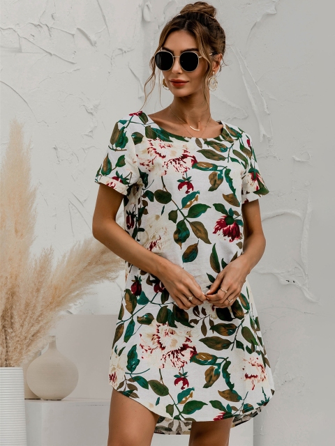 

URBANIC White & Olive Green Floral Print Cotton A-Line Mini Dress