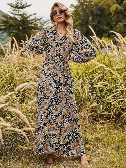 

URBANIC Women Beige & Black Paisley Print Wrap Maxi Dress