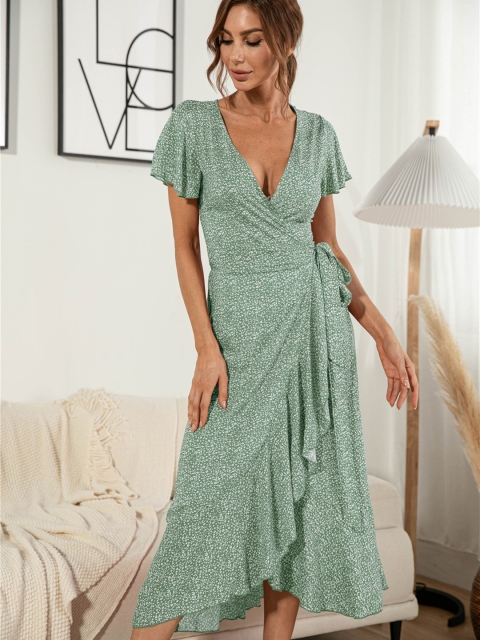 

URBANIC Mint Green & White Ditsy Floral Print Midi Wrap Dress