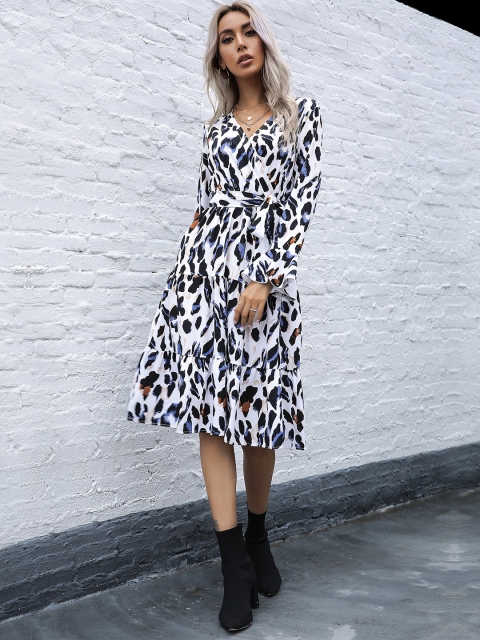 

URBANIC Women White & Black Animal Print Midi Tiered Wrap Dress with Belt