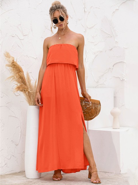 

URBANIC Orange Layered High Slit Tube Maxi Dress