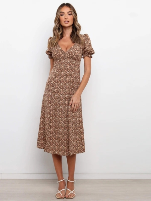 

URBANIC Brown Ethnic Motifs Printed A-Line Midi Dress