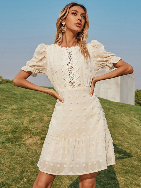 

URBANIC Women White Self Design A-Line Dress