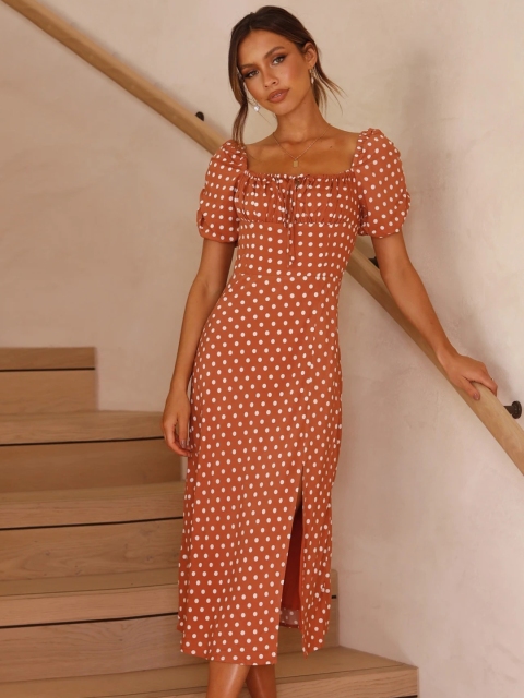 

URBANIC Rust Orange & Off White Polka Dot Print A-Line Midi Dress with Side Slit