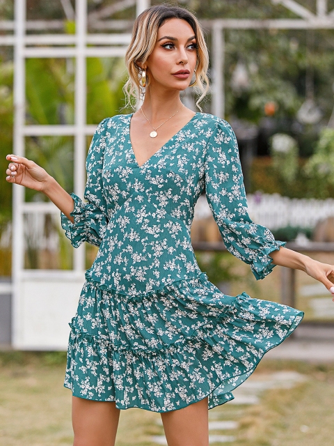 

URBANIC Green Floral Ruffle A-Line Dress