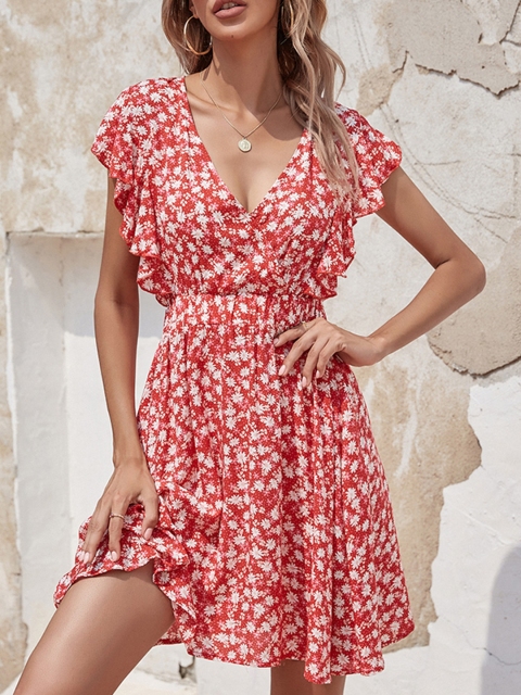 

URBANIC Red Floral Ruffle A-Line Dress