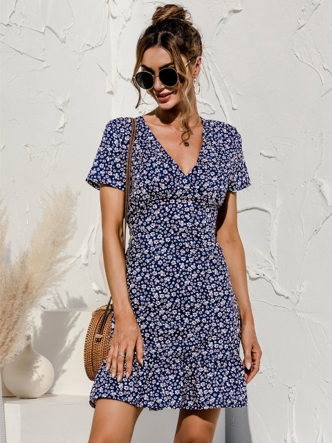 

URBANIC Blue Floral Ruffle A-Line Dress