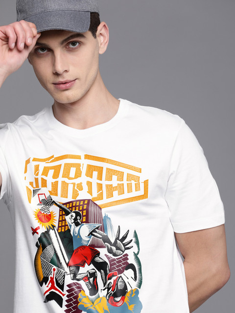 

Nike Men White Yellow M J SPRT DNA SS GFX Printed Round Neck Pure Neck Pure Cotton T-shirt