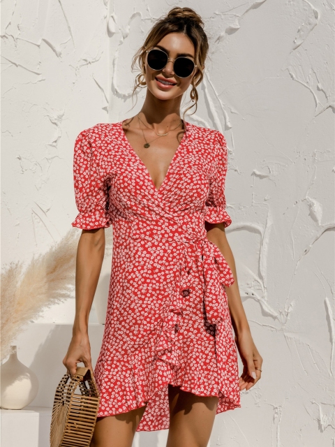 

URBANIC Red & White Floral Printed Wrap Dress