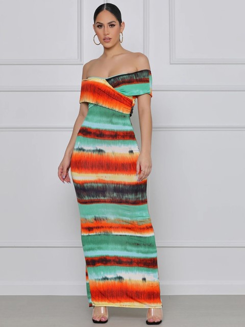 

URBANIC Green & Orange Striped Slim-Fit Layered Maxi Dress