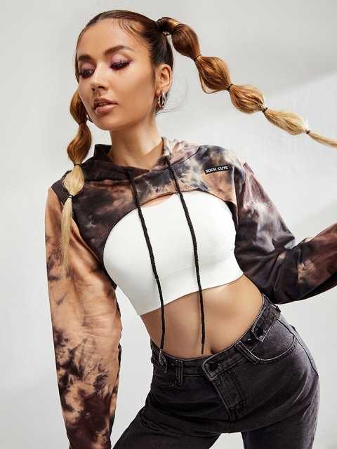 

URBANIC Women Brown Tie & Dye Hooded Sweatshirt