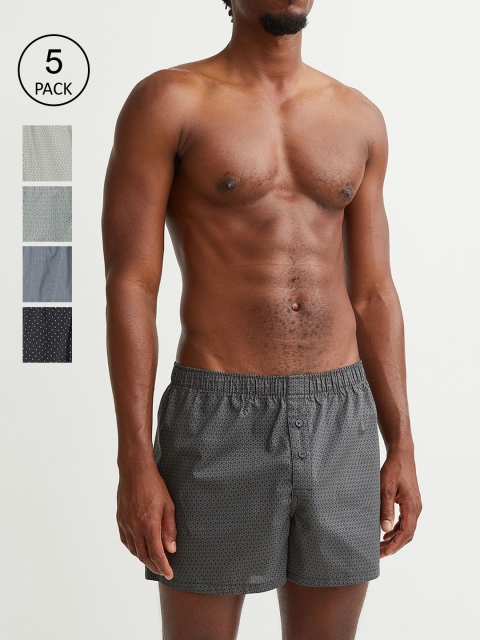 

H&M Men Green & Grey Pure Cotton 5-Pack Woven Boxer Shorts 0976419009