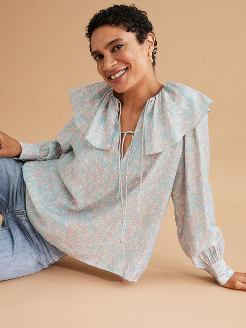 

H&M Women Turquoise Blue Flounce-Collared Blouse